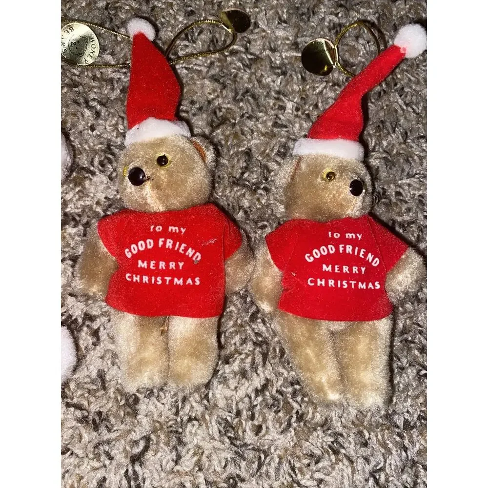 New NOS Lot Of 8 Vintage Plush Bear Ornament Merry Christmas Honey Bear 4 Inch